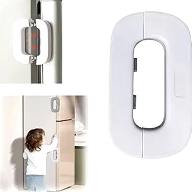 Product for Website - 1 Child Safety Refrigerator Lock | Baby Proof Double Button Fridge Lock White & Grey - Image 4