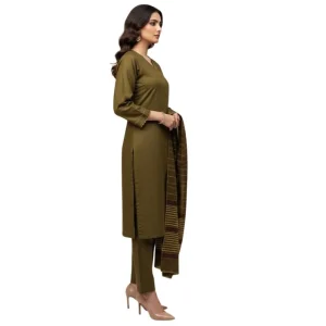 Winter Sussi Silk 3-Piece Suit for Women | Unstitched Plain Shirt & Trouser | Heavy Winter Sussi Shawl |  Olive Green