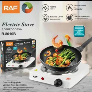 White RAF R.8010B Electric Stove Hot Plate and Cooker with 1000W Power, Thermostat, and Uniform Heating