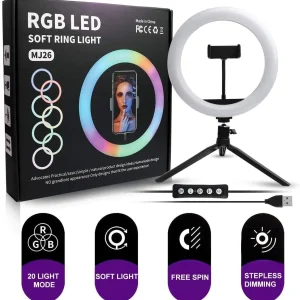 MJ26 RGB LED Ring Light 26cm with Tripod, Phone Holder & 360° Color Modes