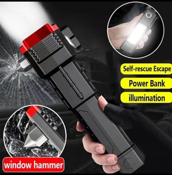 high-power-led-torch-light-rechargeable-flashlight-and-multifunctional-tactical-hammer-power-bank-to-charge-the-phone-with-box-random-color-6-1_1735732001.jpg Rechargeable Tactical LED Flashlight | Power Bank with Safety Hammer - Image 5