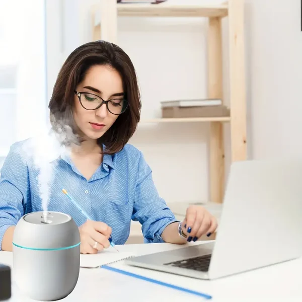 humidier-with-warm-led-outline-u2_1726835038.webp USB Portable 3-in-1 Air Humidifier | Mute, Colorful LED Light & Aromatherapy | For Home, Office & Car - Image 2