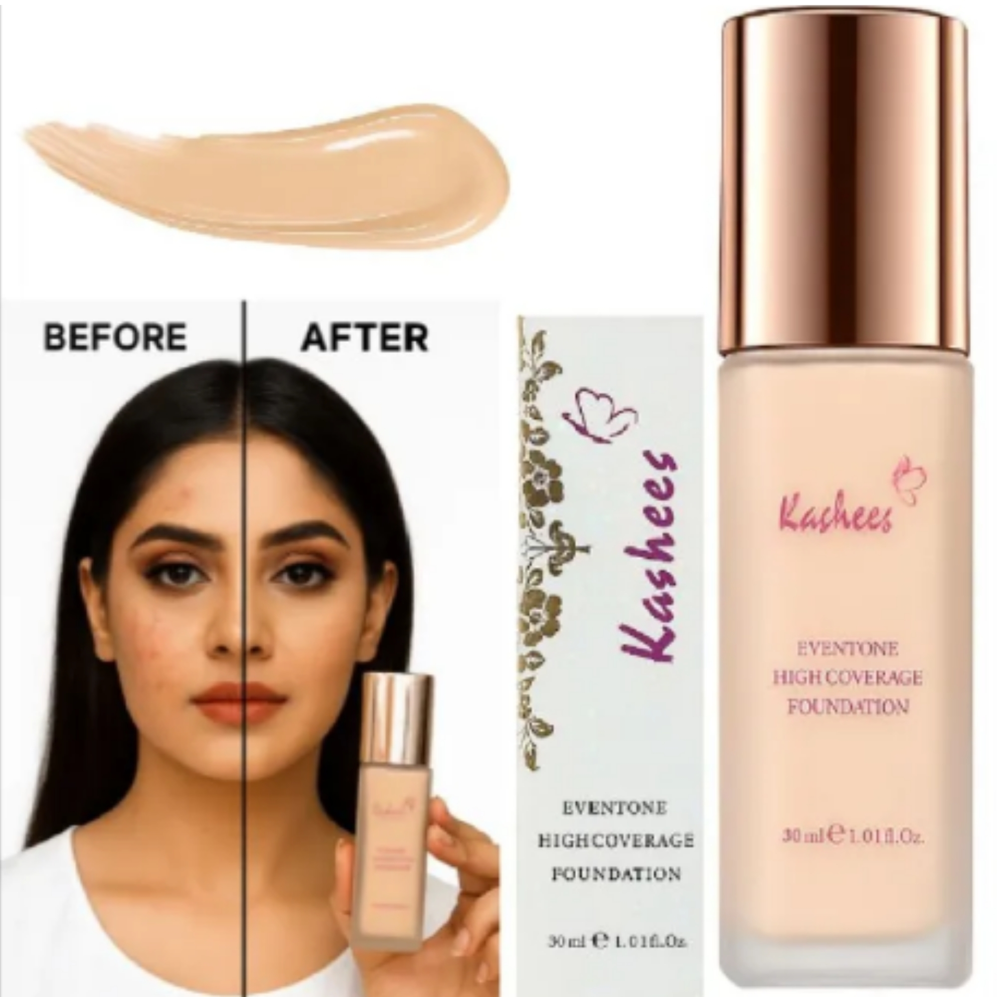 kasheesbase3_1758016568.jpg Kashees Eventone Liquid Foundation | High Coverage Long Lasting Radiant Makeup Base 30 ml - Image 5